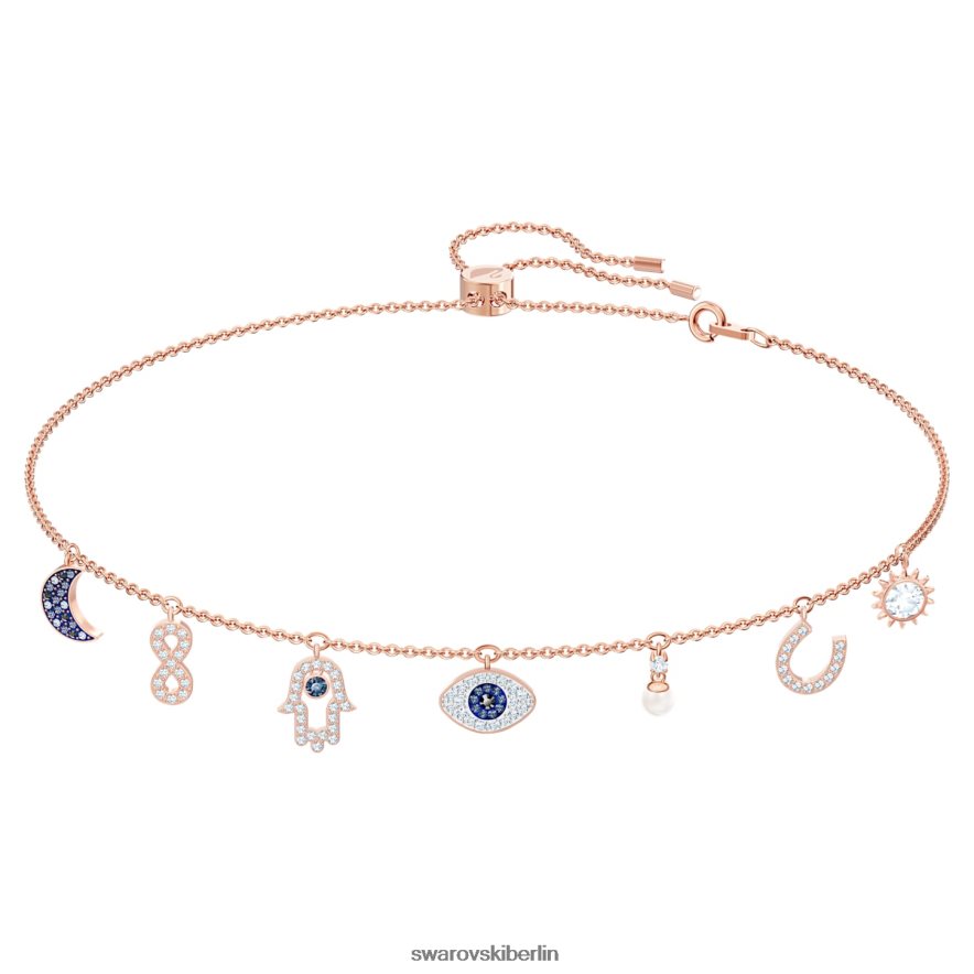 Swarovski symbolische Halskette Mond, Unendlichkeit, Hand, böser Blick und Hufeisen, blau, rosévergoldet Schmuck HLT44814