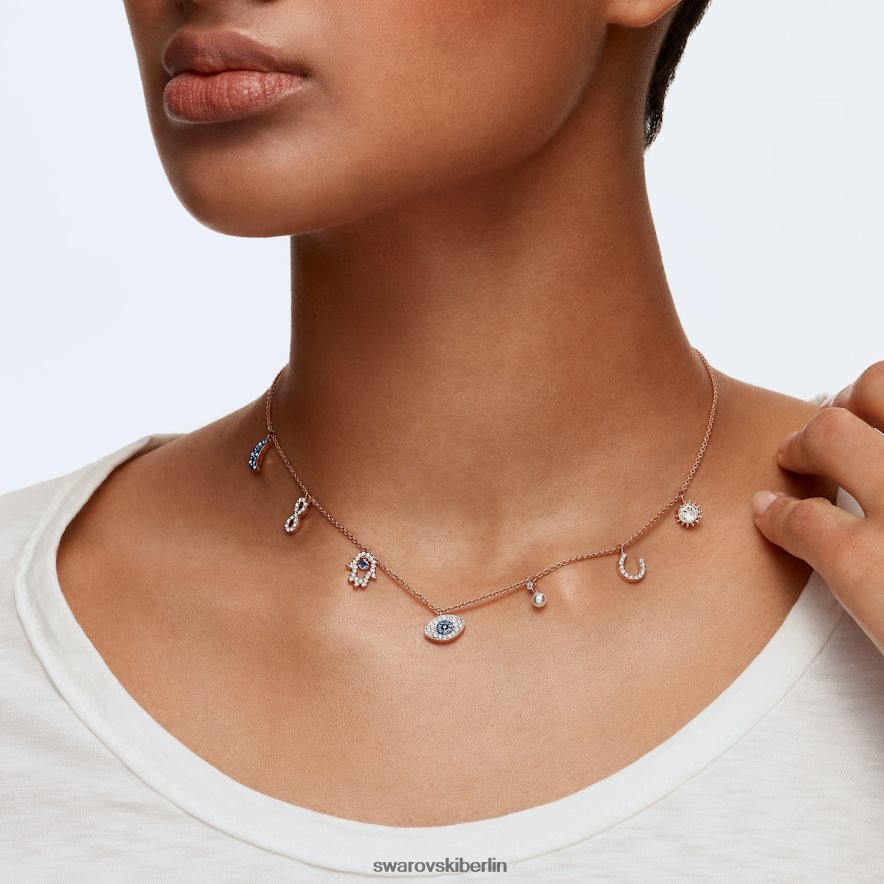 Swarovski symbolische Halskette Mond, Unendlichkeit, Hand, böser Blick und Hufeisen, blau, rosévergoldet Schmuck HLT44814