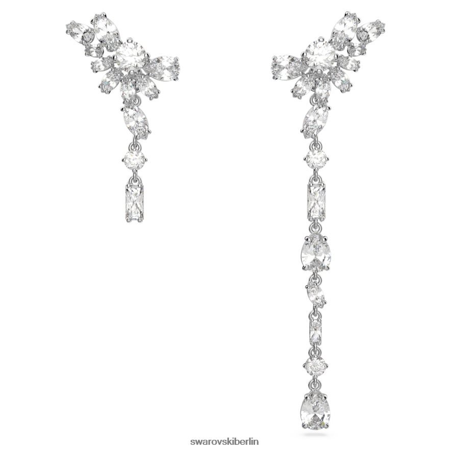 Swarovski Gema-Tropfenohrringe asymmetrisches Design, gemischte Schliffe, Blume, weiß, rhodiniert Schmuck HLT448854