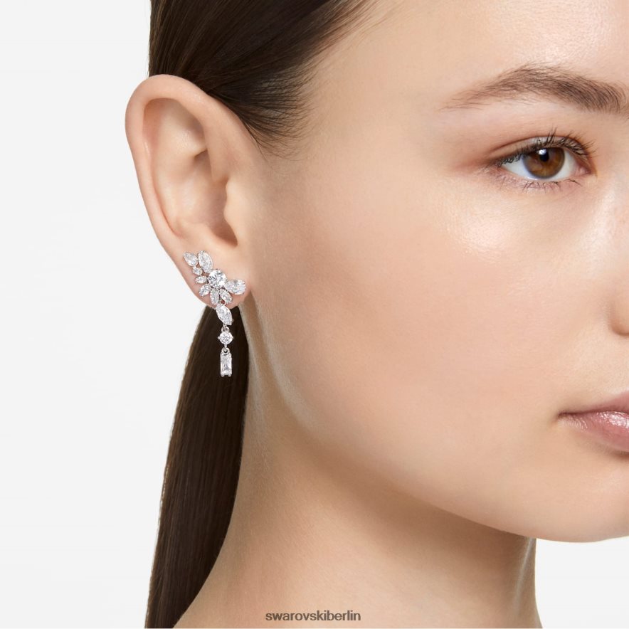 Swarovski Gema-Tropfenohrringe asymmetrisches Design, gemischte Schliffe, Blume, weiß, rhodiniert Schmuck HLT448854