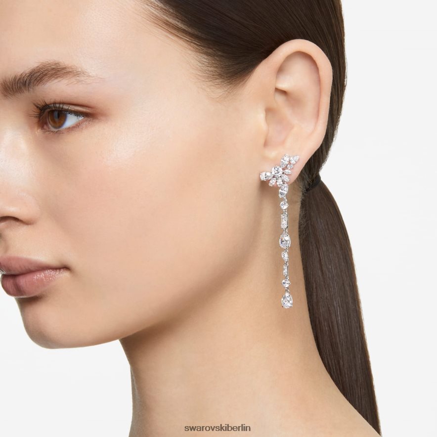 Swarovski Gema-Tropfenohrringe asymmetrisches Design, gemischte Schliffe, Blume, weiß, rhodiniert Schmuck HLT448854