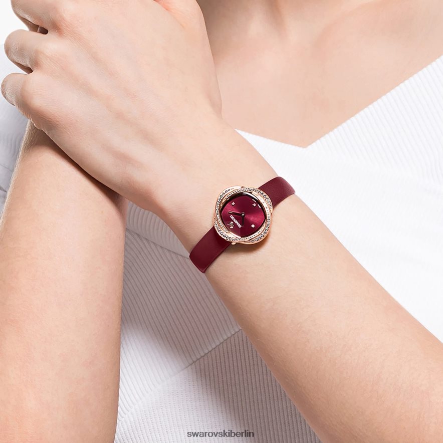 Swarovski Kristallblumenuhr Swiss Made, Lederarmband, rot, roségoldfarbenes Finish Zubehör HLT4481201