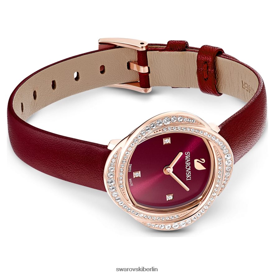 Swarovski Kristallblumenuhr Swiss Made, Lederarmband, rot, roségoldfarbenes Finish Zubehör HLT4481201