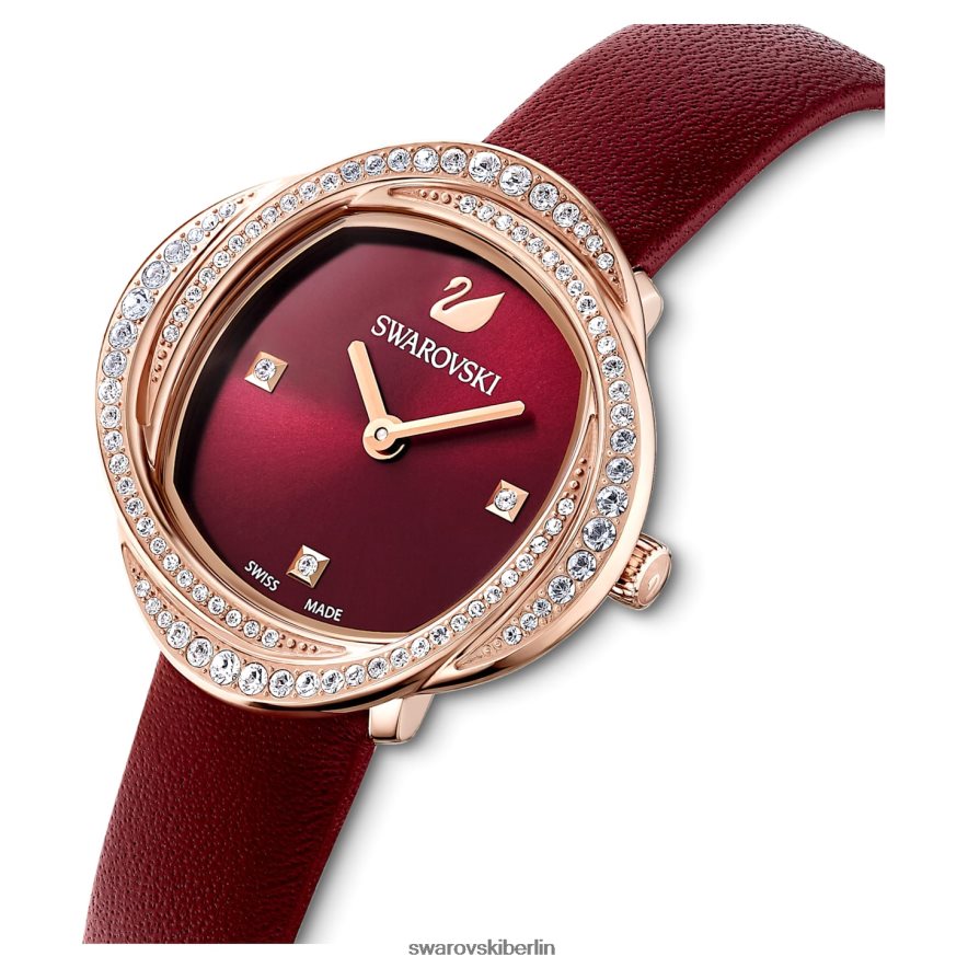 Swarovski Kristallblumenuhr Swiss Made, Lederarmband, rot, roségoldfarbenes Finish Zubehör HLT4481201