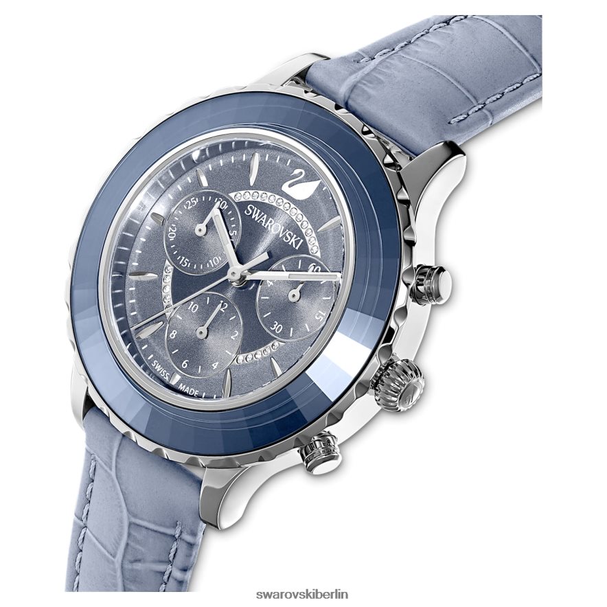 Swarovski Octea Lux Chronouhr Swiss Made, Lederarmband, blau, Edelstahl Zubehör HLT4481249