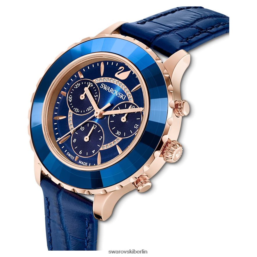 Swarovski Octea Lux Chronouhr Swiss Made, Lederarmband, blau, roségoldfarbenes Finish Zubehör HLT4481164