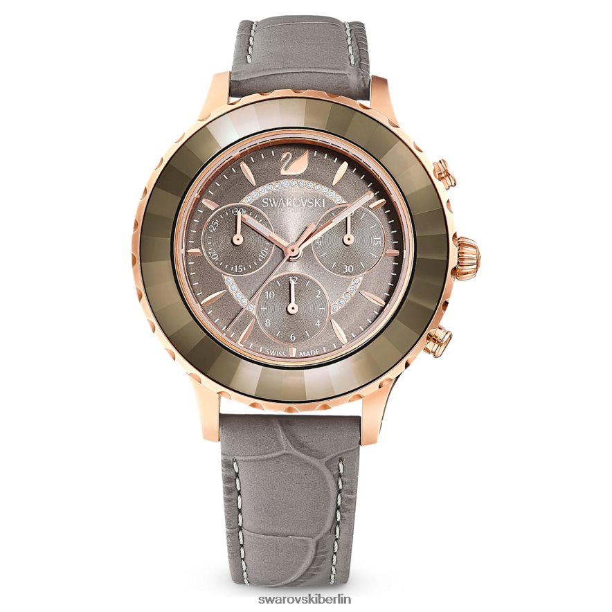 Swarovski Octea Lux Chronouhr Swiss Made, Lederarmband, grau, roségoldfarbenes Finish Zubehör HLT4481177