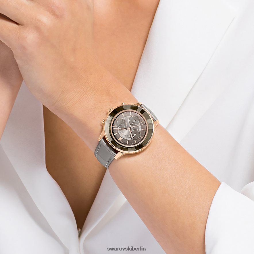 Swarovski Octea Lux Chronouhr Swiss Made, Lederarmband, grau, roségoldfarbenes Finish Zubehör HLT4481177