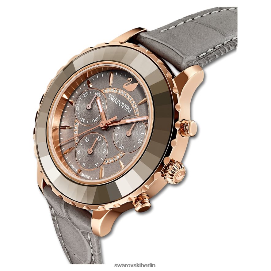 Swarovski Octea Lux Chronouhr Swiss Made, Lederarmband, grau, roségoldfarbenes Finish Zubehör HLT4481177