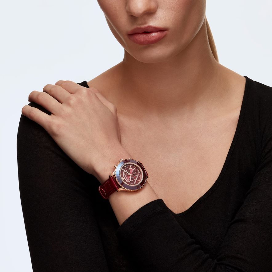 Swarovski Octea Lux Chronouhr Swiss Made, Lederarmband, rot, roségoldfarbenes Finish Zubehör HLT4481195
