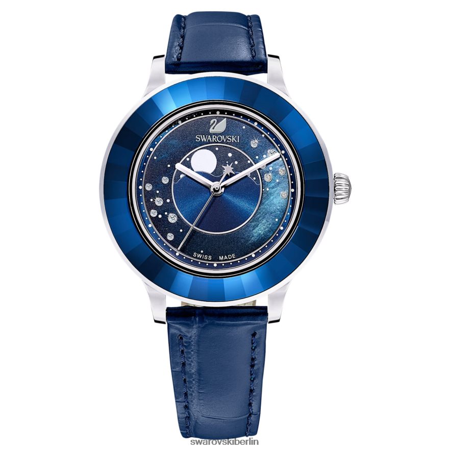 Swarovski Octea Lux-Uhr Swiss Made, Mond, Lederarmband, blau, Edelstahl Zubehör HLT4481248