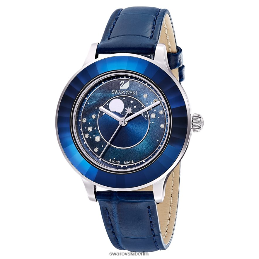 Swarovski Octea Lux-Uhr Swiss Made, Mond, Lederarmband, blau, Edelstahl Zubehör HLT4481248