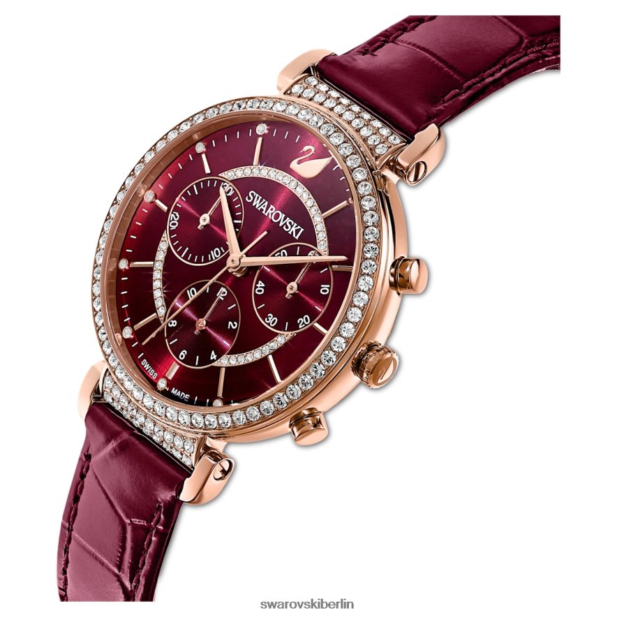 Swarovski Passage-Chronouhr Swiss Made, Lederarmband, rot, roségoldfarbenes Finish Zubehör HLT4481163