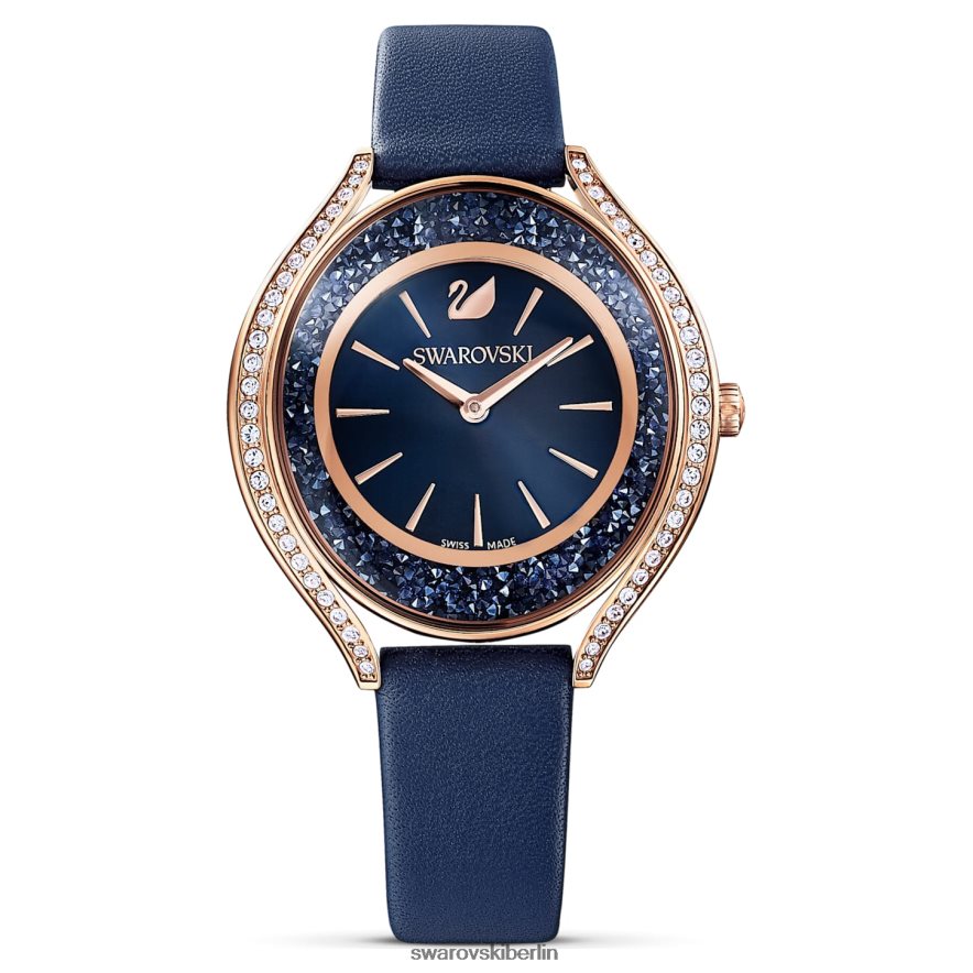 Swarovski Uhr mit kristalliner Aura Swiss Made, Lederarmband, blau, roségoldfarbenes Finish Zubehör HLT4481185