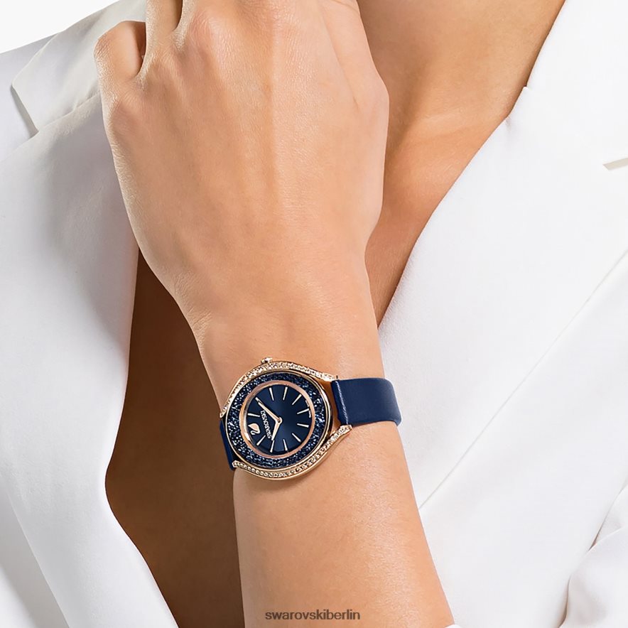 Swarovski Uhr mit kristalliner Aura Swiss Made, Lederarmband, blau, roségoldfarbenes Finish Zubehör HLT4481185