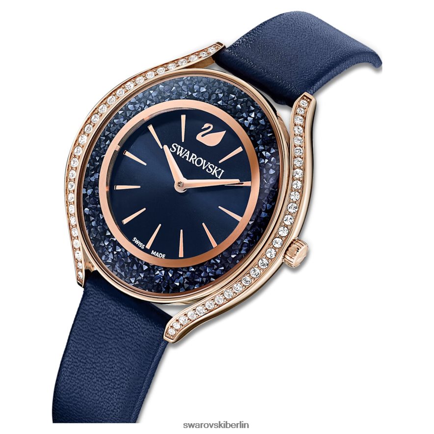 Swarovski Uhr mit kristalliner Aura Swiss Made, Lederarmband, blau, roségoldfarbenes Finish Zubehör HLT4481185
