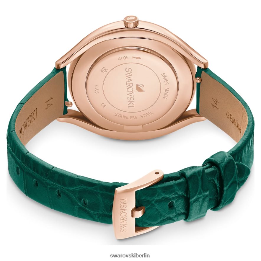 Swarovski Uhr mit kristalliner Aura Swiss Made, Lederarmband, grün, roségoldfarbenes Finish Zubehör HLT4481155