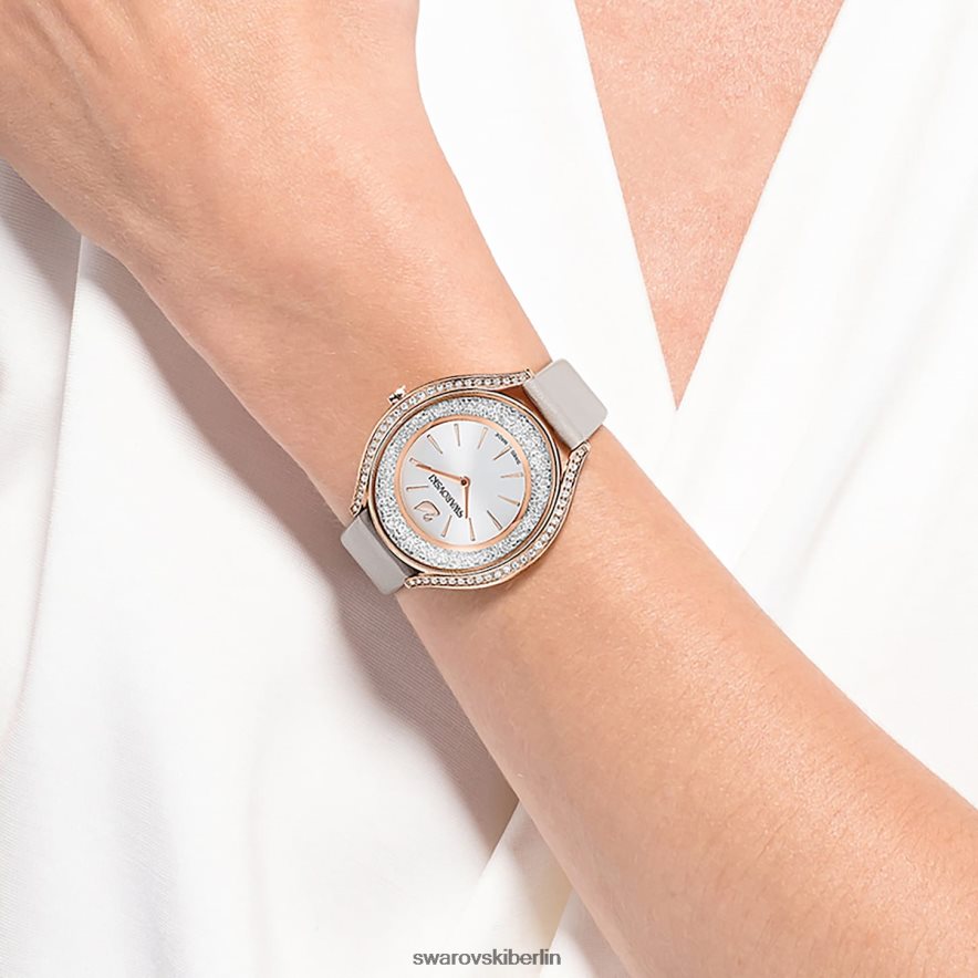 Swarovski Uhr mit kristalliner Aura Swiss Made, Lederarmband, grau, roségoldfarbenes Finish Zubehör HLT4481183